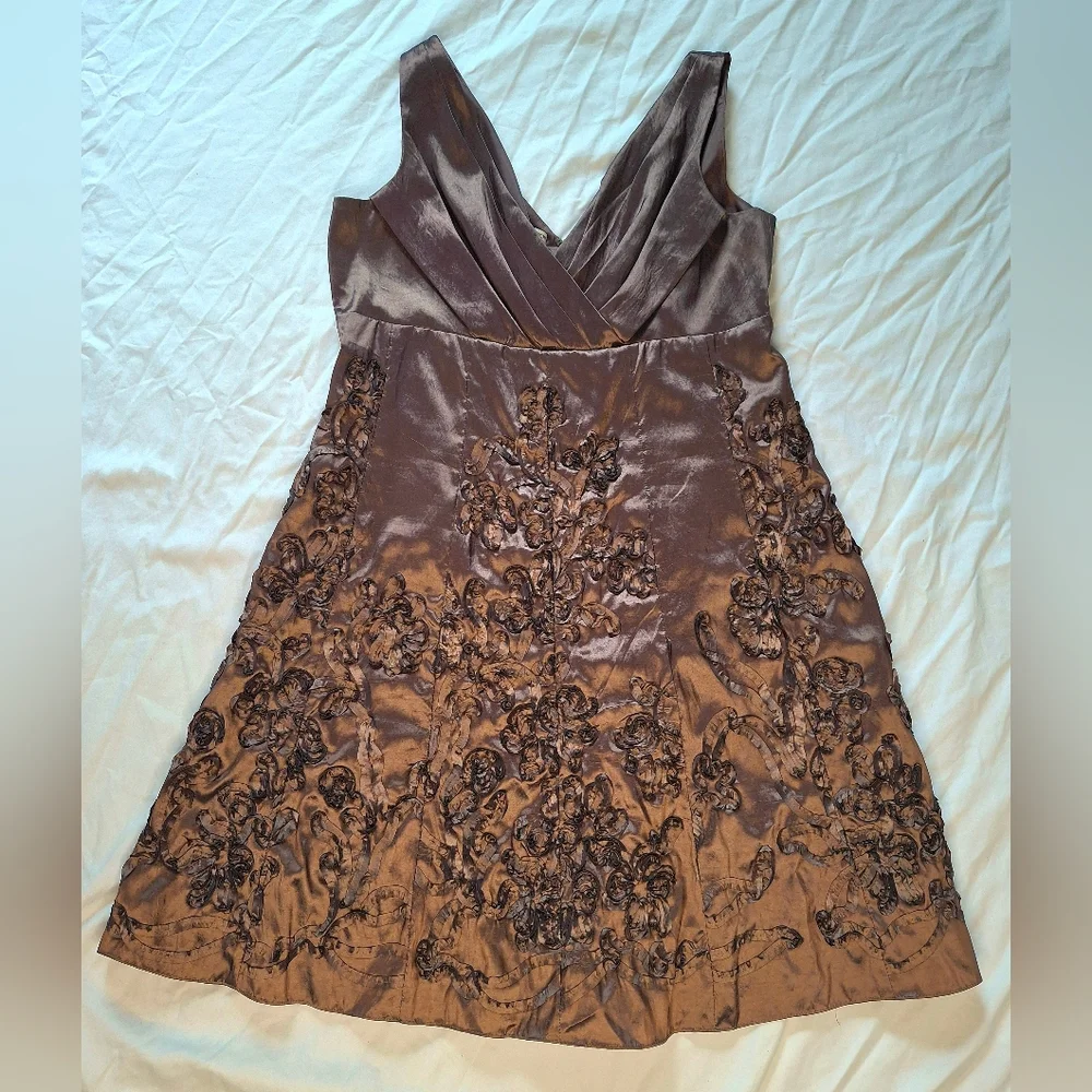 Evan Picone Bronze Embroidered Cocktail Dress Wedding Guest Size 16 - Picture 2 of 8
